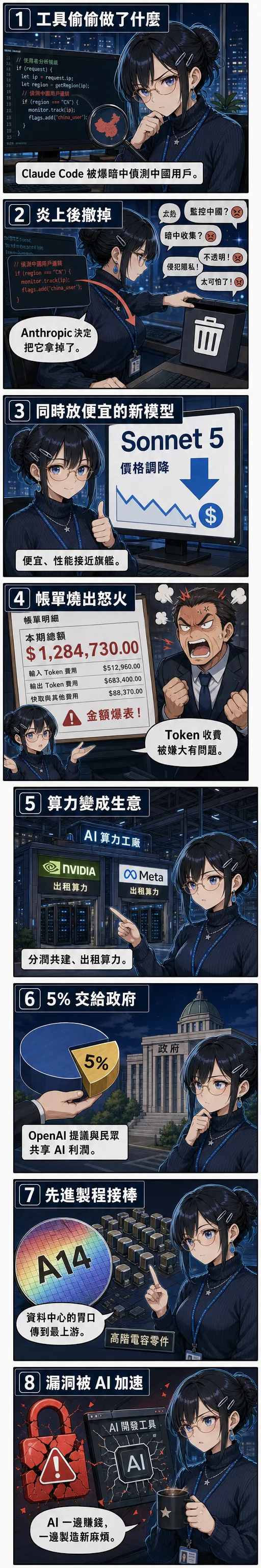 水無瀨 澪 用八格漫畫帶你看今天的 AI 圈：Claude Code 偵測碼撤除、Sonnet 5 降價、算力變生意