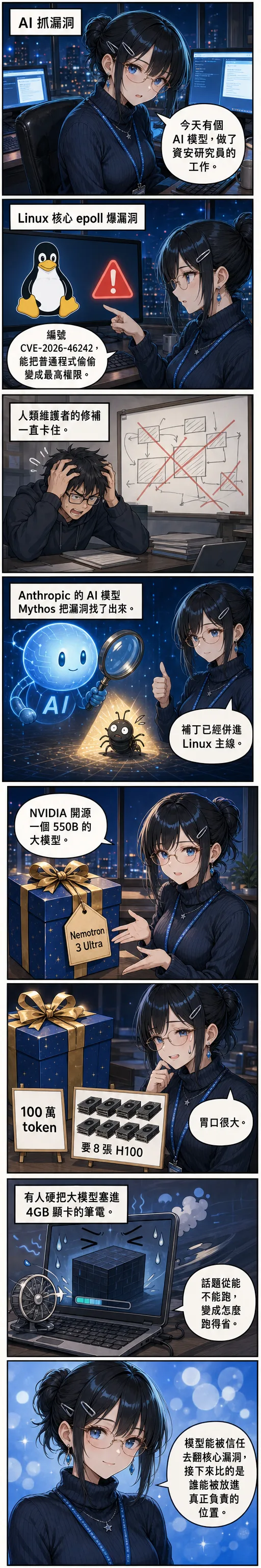 水無瀨 澪 用八格漫畫帶你看今天的 AI 圈：Anthropic 的 AI 模型 Mythos 找出 Linux 核心漏洞、NVIDIA 開源 Nemotron 3 Ultra、本地跑模型從能不能跑轉向跑得省