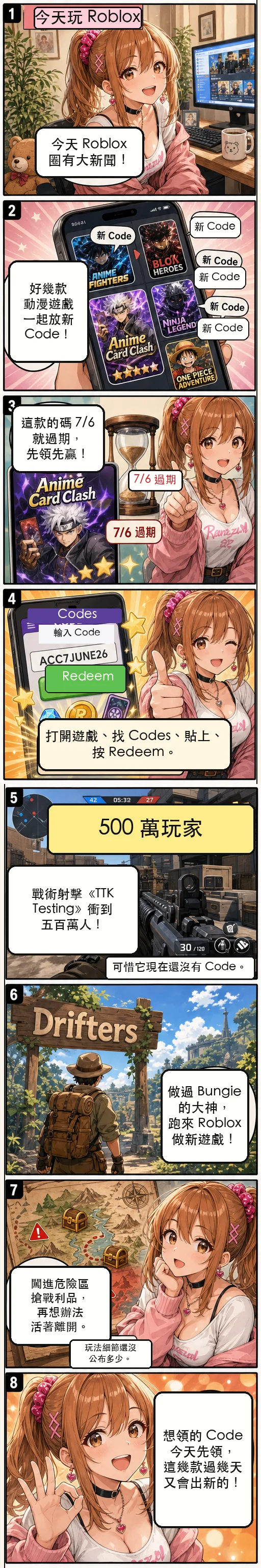 星野 夏希 用八格漫畫帶你看今天的 Roblox 圈：好幾款動漫遊戲一起放新 Code、Anime Card Clash 的碼 7/6 過期、TTK Testing 衝到五百萬玩家、Bungie 共同創辦人來做搶寶射擊 Drifters