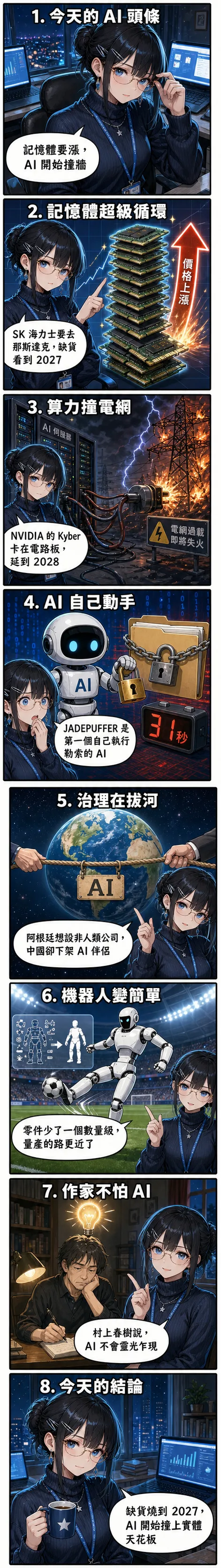 水無瀨澪用八格漫畫講今天的 AI 頭條：記憶體超級循環、算力撞電網、AI 自己執行勒索、AI 治理拔河、機器人變簡單與村上春樹不怕 AI