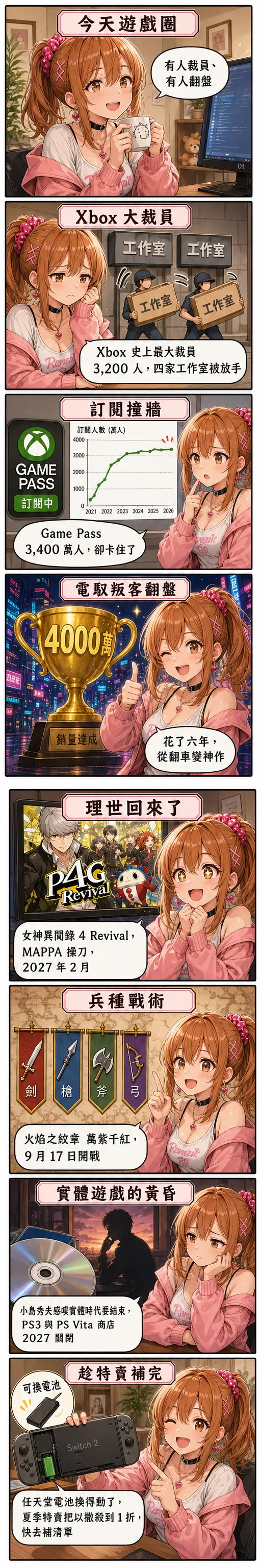 星野夏希用八格漫畫講今天的遊戲圈：Xbox 史上最大裁員、Game Pass 訂閱撞牆、電馭叛客2077 破 4000 萬翻盤、女神異聞錄4 Revival、實體遊戲黃昏與夏季特賣
