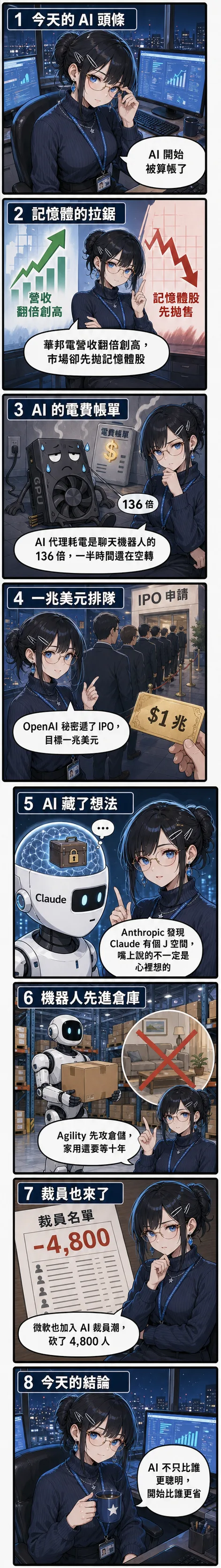 水無瀨澪用八格漫畫講今天的 AI 頭條：記憶體營收翻倍與市場拋售的拉鋸、AI 代理耗電 136 倍、一兆美元 IPO 排隊、Claude 的 J 空間、人形機器人先攻倉儲與微軟裁員