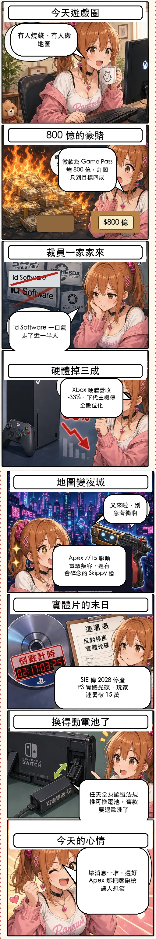 星野夏希用八格漫畫講今天的遊戲圈：微軟為 Game Pass 燒 800 億、裁員一家家來、Xbox 硬體 -33%、Apex 聯動電馭叛客、實體光碟末日與任天堂可換電池