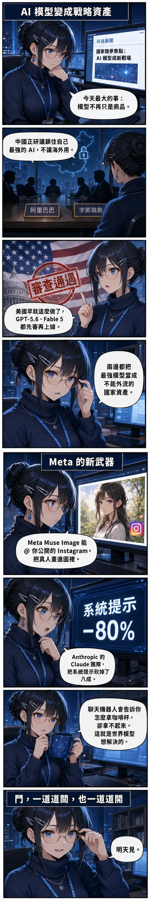 水無瀨澪用八格漫畫帶你看今天的 AI：中美都在鎖自己最強的 AI 模型、Meta Muse Image 能 @ 你的 Instagram、Anthropic 砍掉八成系統提示、世界模型想教 AI 拿起咖啡杯