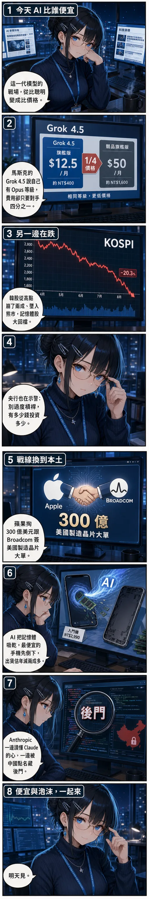 水無瀨澪用八格漫畫帶你看今天的 AI：Grok 4.5 打成本效率戰、韓股 KOSPI 崩兩成墜入熊市、蘋果與博通簽 300 億美元美國製造晶片大單、AI 吸乾記憶體讓平價手機倒下、Anthropic 讀懂 Claude 又被中國點名藏後門