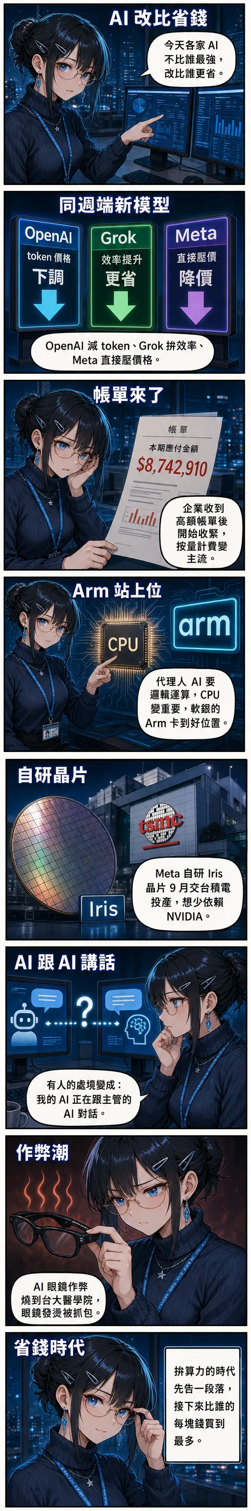 水無瀨澪用八格漫畫解讀今天：OpenAI/Grok/Meta 同週端新模型改比省錢、企業收到高額帳單改按量計費、代理人 AI 讓 Arm 站上位、Meta 自研 Iris 交台積電、AI 跟 AI 對話、AI 眼鏡作弊燒到台大醫學院