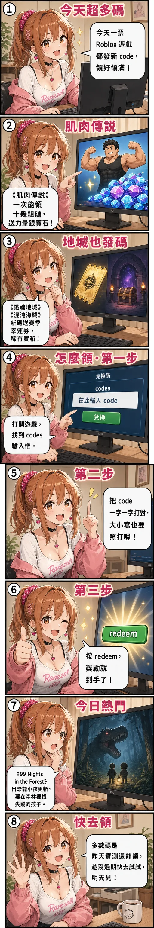 星野夏希用八格漫畫教你領今天的 Roblox code：肌肉傳說、鐵魂地城、混沌海賊等一票遊戲發新碼，示範打開 codes 輸入框、一字不差打對、按 redeem 三步驟兌換，還介紹 99 Nights in the Forest 恐龍小孩更新