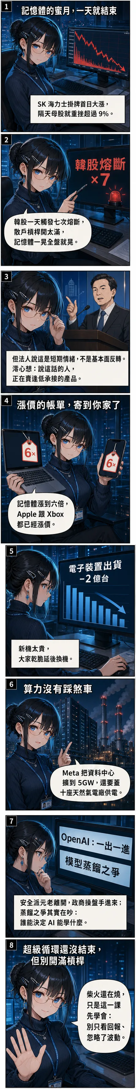 水無瀨澪用八格漫畫拆解記憶體超級循環的第一道裂縫：SK 海力士掛牌次日重挫、韓股熔斷、記憶體漲六倍讓 Apple 與 Xbox 漲價、Meta 擴建資料中心、OpenAI 換靠山，最後提醒別開滿槓桿