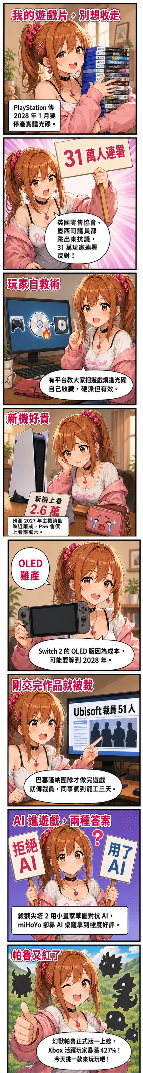 星野夏希用八格漫畫帶你看這週遊戲圈：PlayStation 傳 2028 停產光碟、31 萬玩家連署、玩家燒碟自救、新機上看 2.6 萬、Switch 2 OLED 難產、Ubisoft 裁員 51 人、殺戮尖塔 2 拒絕 AI 而 miHoYo 用 AI、幻獸帕魯正式版暴漲 427%