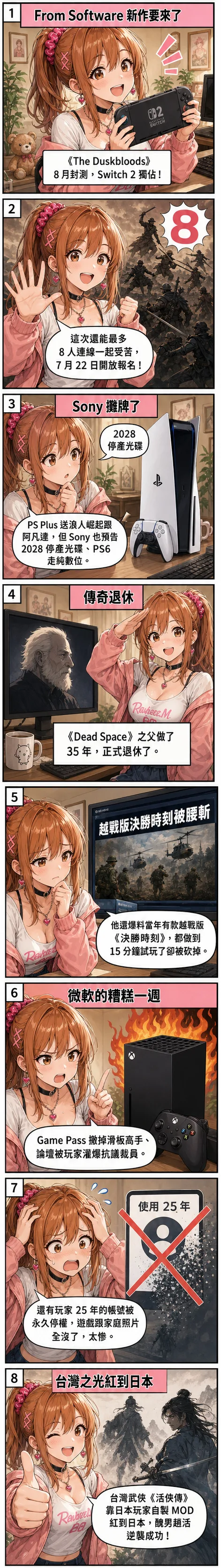 星野夏希用八格漫畫帶你看這週遊戲圈：From Software《The Duskbloods》8 月封測 Switch 2 獨佔 8 人連線、Sony 預告 2028 停產光碟、Dead Space 之父退休爆越戰版決勝時刻、微軟 Xbox 糟糕一週、台灣武俠活俠傳靠日文 MOD 紅到日本