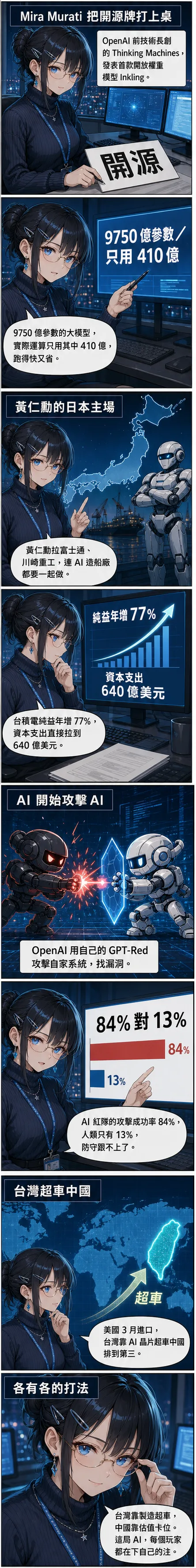 水無瀨澪用八格漫畫拆解本週 AI：Thinking Machines 發表開源模型 Inkling、黃仁勳把日本工廠變成實體 AI 主場、台積電資本支出衝 640 億美元、OpenAI GPT-Red 攻擊自家系統成功率 84%、台灣 AI 晶片超車中國