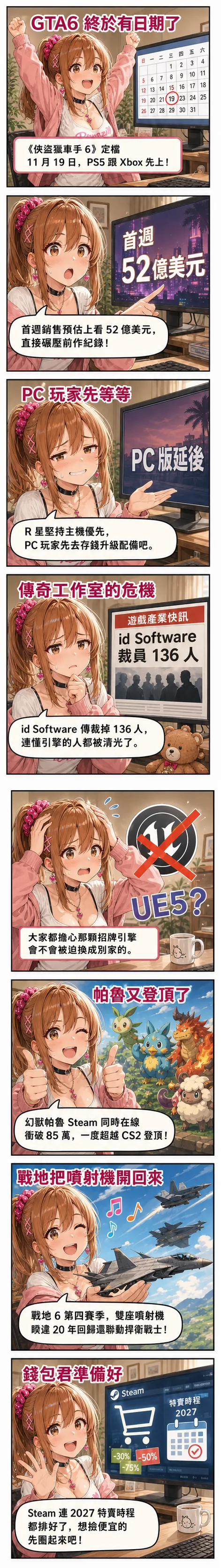 星野夏希用八格漫畫帶你看這週遊戲圈：GTA6 定檔 11 月 19 日首週上看 52 億美元、PC 版延後、id Software 裁員 136 人恐倒向 UE5、幻獸帕魯 Steam 破 85 萬超越 CS2、戰地 6 雙座噴射機回歸、Steam 2027 特賣時程排定