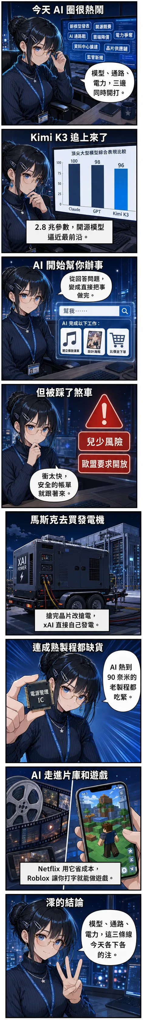 水無瀨澪用八格漫畫拆解本週 AI：月之暗面 Kimi K3 端出 2.8 兆參數逼近 Claude 與 GPT、Google AI 模式從回答變直接辦事、馬斯克砸 10 億美元買發電機供電 xAI、台積電點名電源 IC 最缺、Netflix 300 部作品用生成式 AI