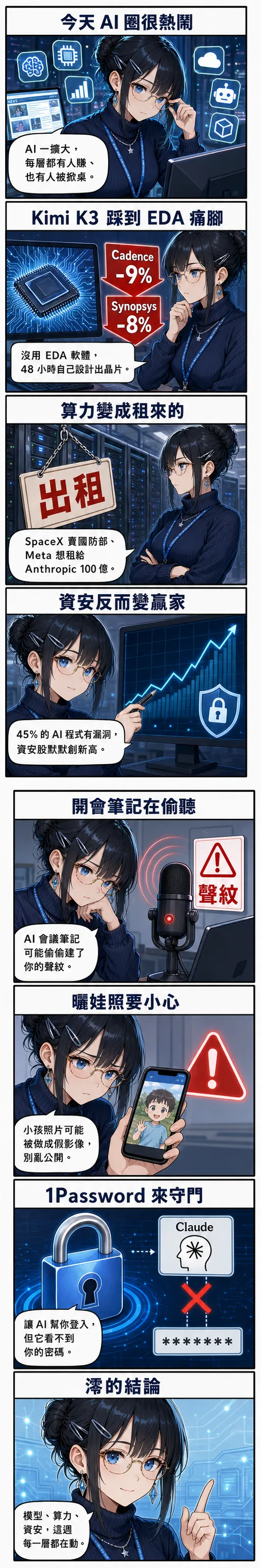 水無瀨澪用八格漫畫拆解本週 AI：Kimi K3 沒用 EDA 軟體就設計出晶片、Cadence 與 Synopsys 崩 9%、SpaceX 與 Meta 把算力當商品出租、資安股逆勢創高、開會 AI 筆記偷建聲紋、曬娃照被做成深偽、1Password 替 Claude 加看不到密碼的受控登入
