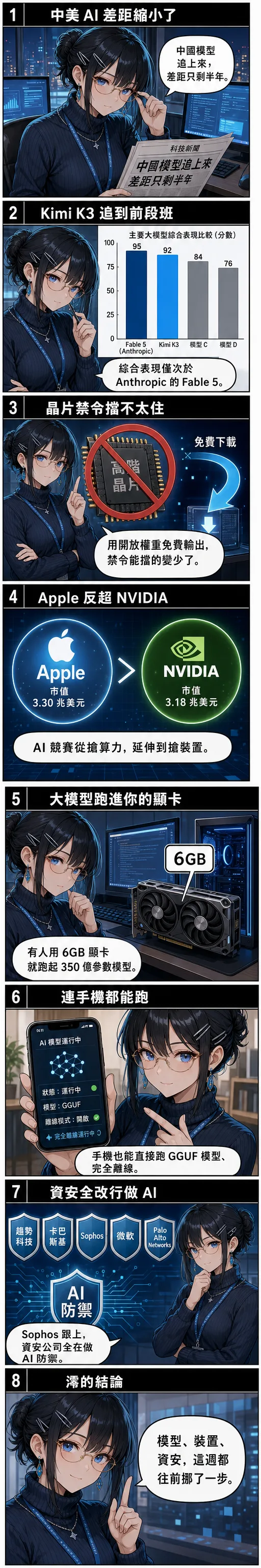 水無瀨澪用八格漫畫拆解本週 AI：中美差距縮到半年、Kimi K3 綜合僅次 Fable 5、晶片禁令被開放權重繞過、Apple 市值反超 NVIDIA、有人用 6GB 顯卡跑 350 億參數模型、手機也能跑 GGUF、資安廠商全面轉 AI 防禦