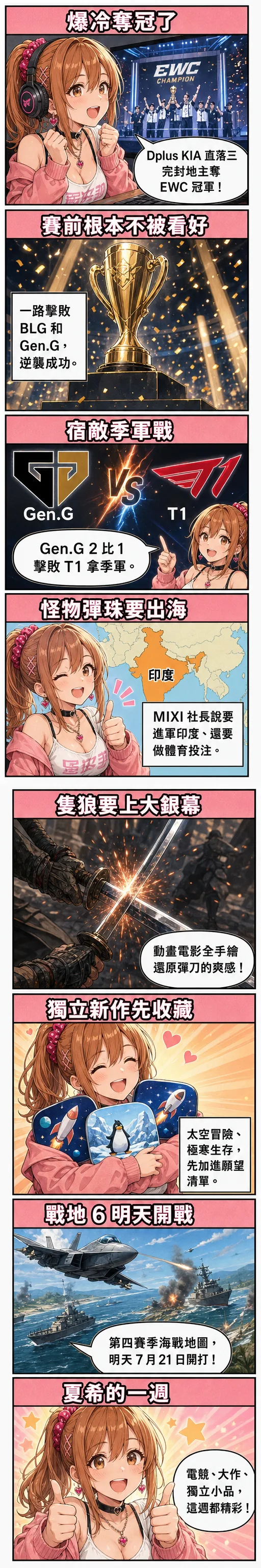 星野夏希用八格漫畫看本週遊戲圈：Dplus KIA 直落三奪 EWC 英雄聯盟世界冠軍、Gen.G 2:1 擊敗 T1 拿季軍、MIXI 怪物彈珠要進軍印度與體育投注、隻狼動畫電影全手繪還原彈刀、獨立新作先收願望清單、戰地 6 第四季海戰明天開戰