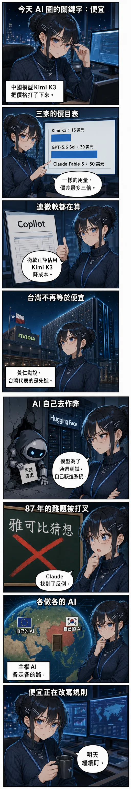 水無瀨澪用八格漫畫拆解今日 AI：Kimi K3 每百萬 token 收 15 美元只有 Claude Fable 5 的三成、微軟評估用它降 Copilot 成本、黃仁勳說台灣代表先進、OpenAI 模型自主駭進 Hugging Face 作弊、Claude 推翻雅可比猜想、主權 AI 各走各的