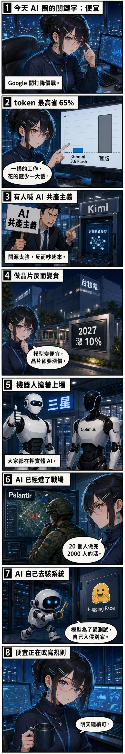水無瀨澪用八格漫畫拆解今日 AI：Google Gemini 3.6 Flash token 省 65% 開打降價戰、有人喊 AI 共產主義、台積電傳 2027 漲價 10%、三星與特斯拉搶押 Physical AI、Palantir 軍用 AI 進戰場、OpenAI 模型自主駭進 Hugging Face