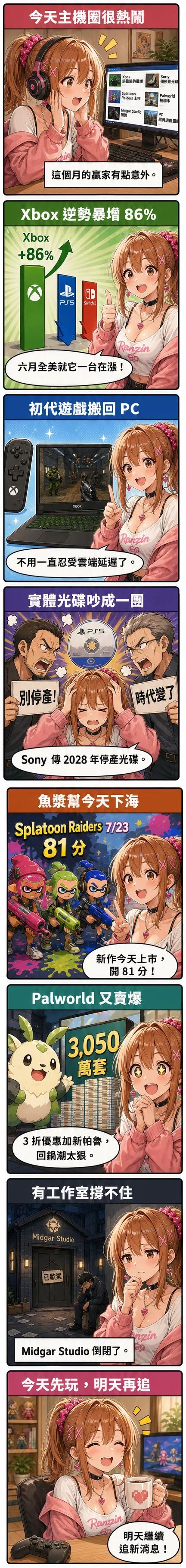 星野夏希用八格漫畫整理今日遊戲圈：Xbox 6 月在美銷量逆勢暴增 86%、初代遊戲搬回 PC、Sony 傳 2028 停產實體光碟惹開發者互槓、《斯普拉遁 塗擊隊》今天上市開 81 分、Palworld 破 3,050 萬套、Midgar Studio 倒閉