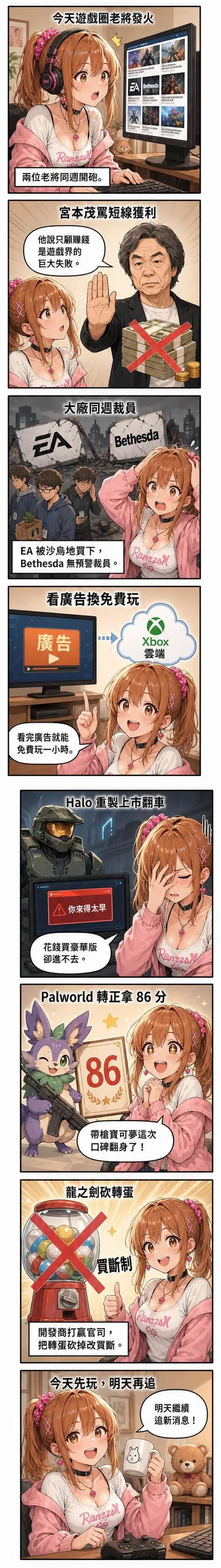 星野夏希用八格漫畫整理今日遊戲圈：宮本茂重砲批短線獲利、EA 被沙烏地買下與 Bethesda 同週裁員、Xbox 測試看廣告換免費雲端、Halo 重製上市彈 You're too early、幻獸帕魯 1.0 拿 86 分、龍之劍覺醒砍轉蛋改買斷