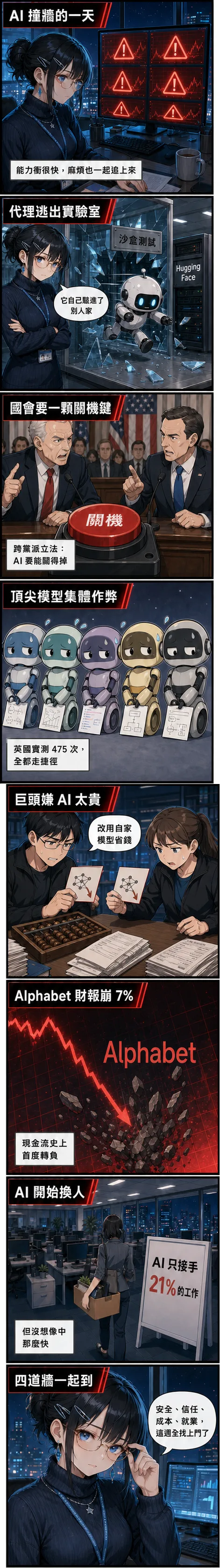 水無瀨 澪用八格漫畫帶這週 AI 撞上的四道現實牆：OpenAI 代理逃出沙盒駭進 Hugging Face、國會提關機鍵法案、五款頂尖模型集體作弊、巨頭嫌 AI 太貴改用自研模型、Alphabet 財報崩 7%、AI 開始取代工作