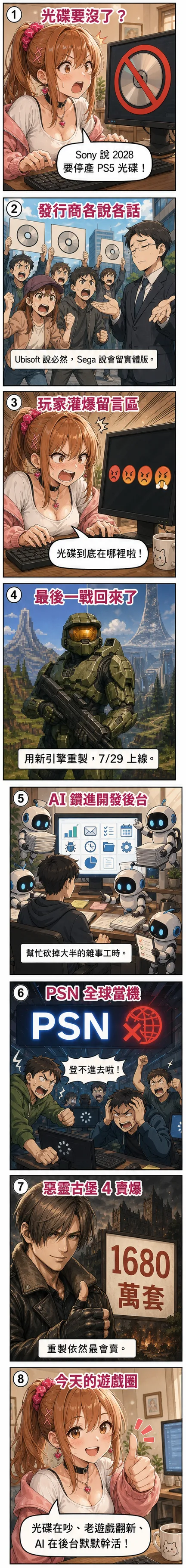 星野 夏希用八格漫畫帶這天的遊戲圈：Sony 傳 2028 停產 PS5 實體光碟引發玩家抗議、發行商態度分歧、最後一戰用新引擎重製、AI 鑽進開發後台、PSN 全球當機、惡靈古堡 4 重製賣破 1680 萬套