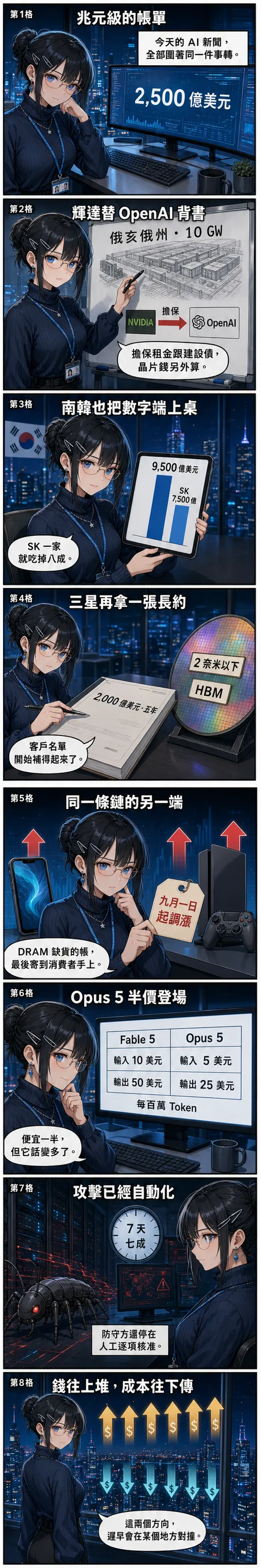 水無瀨 澪用八格漫畫帶今天 AI 圈的兆元帳單：輝達替 OpenAI 擔保 2,500 億、南韓端出 9,500 億、三星再拿博通 2,000 億、高通九月起漲價、Opus 5 半價登場、AI 代理攻擊七天掌控七成機器