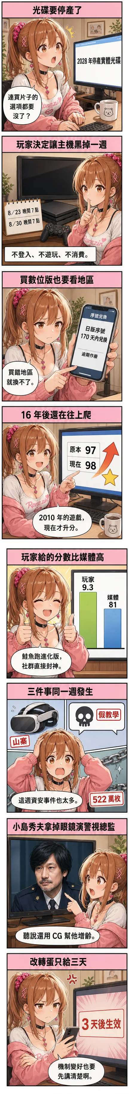 星野 夏希用八格漫畫帶今天的遊戲圈：Sony 2028 停產實體光碟、玩家發起 #PSBlackout 讓主機黑掉一週、GTA 6 日版序號 170 天兌換時效、《超級瑪利歐銀河 2》Metascore 從 97 升到 98、《斯普拉遁 塗擊隊》玩家給 9.3 分、同週三件資安事故、小島秀夫拿掉眼鏡演警視總監、《蔚藍檔案》改轉蛋只給三天