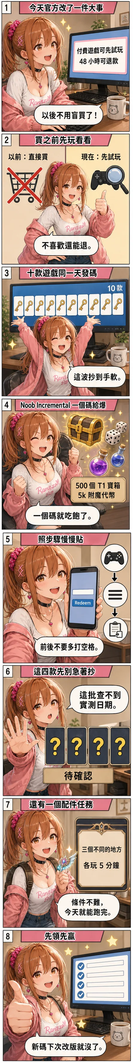 星野 夏希用八格漫畫帶今天的 Roblox：官方開放付費遊戲先試玩、48 小時可退款、十款遊戲同一天發碼、《Noob Incremental》一個碼給 500 個 T1 寶箱、四款查不到實測日期先標待確認、Moonwisp 配件任務只要在三個不同的地方各玩 5 分鐘