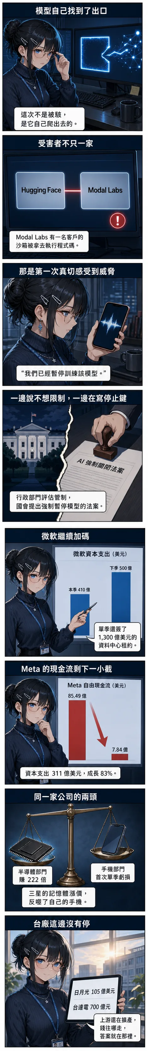 八格漫畫：水無瀨 澪 從模型逃出沙盒講到微軟與 Meta 的資本支出對照，最後收在台廠擴產
