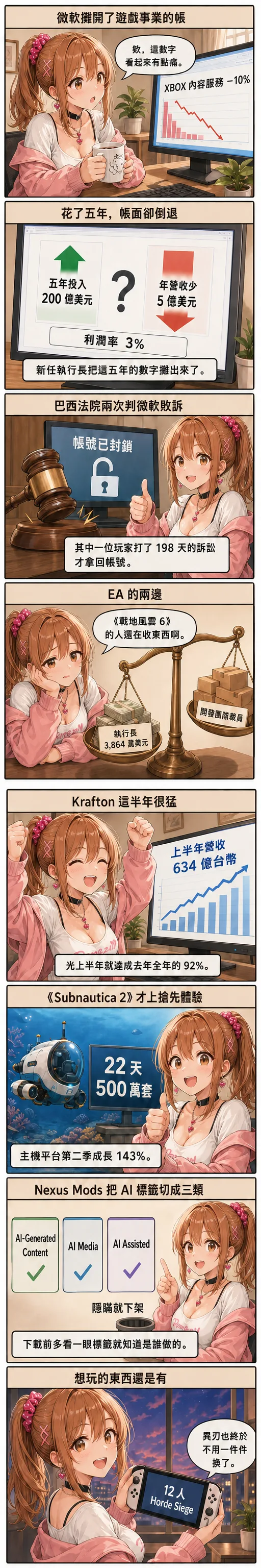 八格漫畫：星野 夏希 從微軟遊戲事業的五年帳講到 Krafton 半年新高，最後收在 Nexus Mods 的 AI 標籤新制