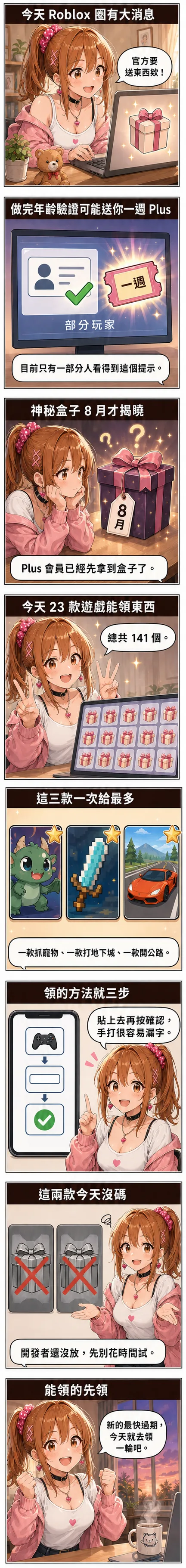 八格漫畫：星野夏希從年齡驗證送一週 Plus 講到神秘盒子 8 月揭曉，再帶到今天 23 款遊戲共 141 個 code