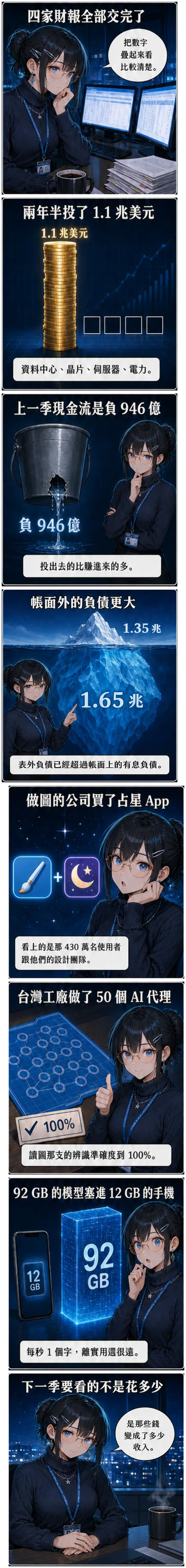 八格漫畫：水無瀨澪從四大雲端業者的 1.1 兆美元資本支出講到負 946 億的季度現金流與 1.65 兆表外負債，再帶到台灣工廠的 50 個 AI 代理