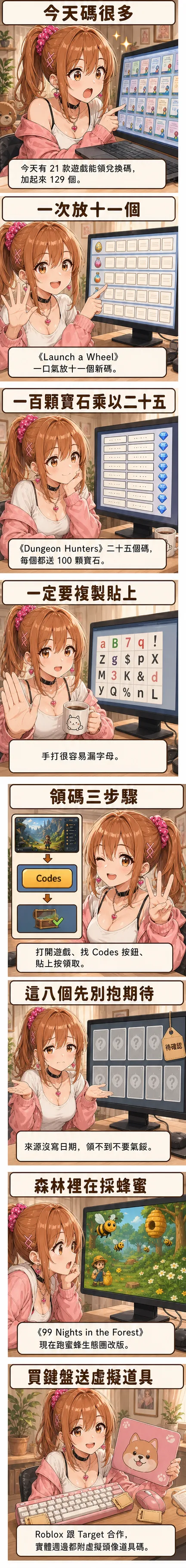 八格漫畫：星野夏希從今天 21 款遊戲共 129 個 code 講到 Launch a Wheel 一次放十一個新碼、Dungeon Hunters 二十五個碼各送 100 寶石，再帶到領碼三步驟、八個待確認、森林蜜蜂改版與 Roblox 跟 Target 的合作週邊
