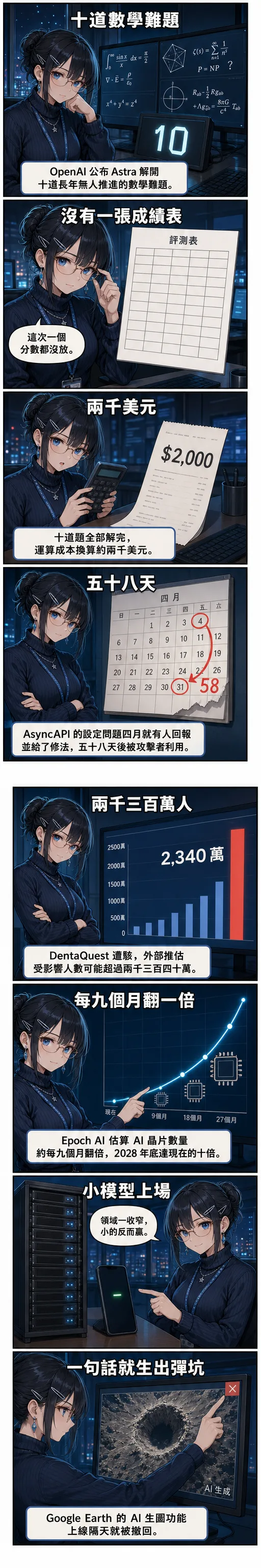 八格漫畫：水無瀨澪從 Astra 解開十道數學難題、沒放 benchmark、成本兩千美元講到 AsyncAPI 拖了 58 天的設定問題，再帶到 DentaQuest 外洩、晶片每九個月翻倍、小模型上場與 Google Earth 生圖被撤回