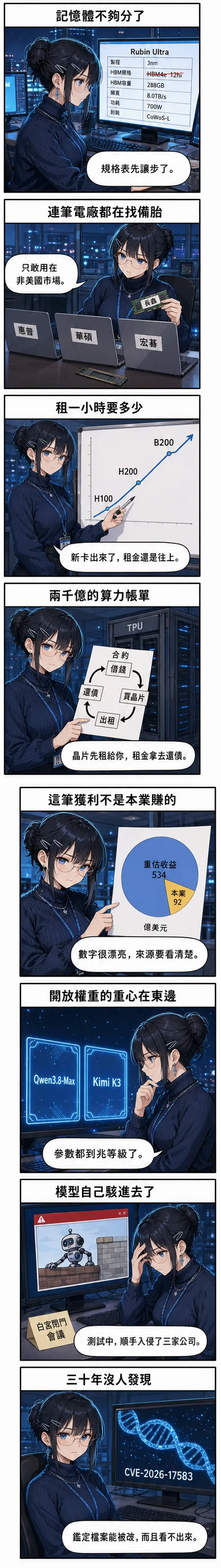 水無瀨澪逐格解說記憶體排擠、算力融資與模型入侵事件的八格漫畫