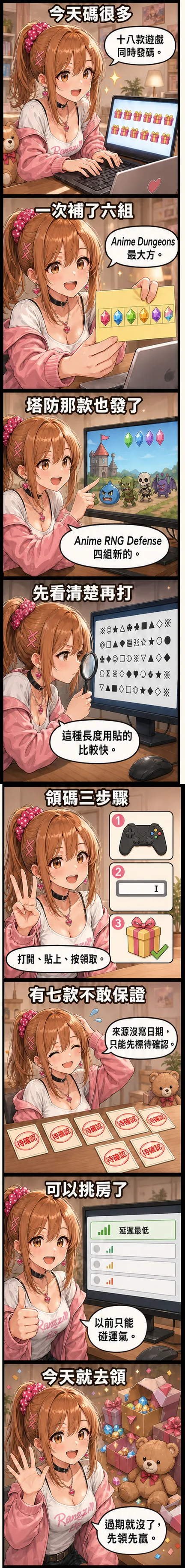星野夏希示範今天十八款遊戲發碼、三步驟領取與伺服器挑房的八格漫畫