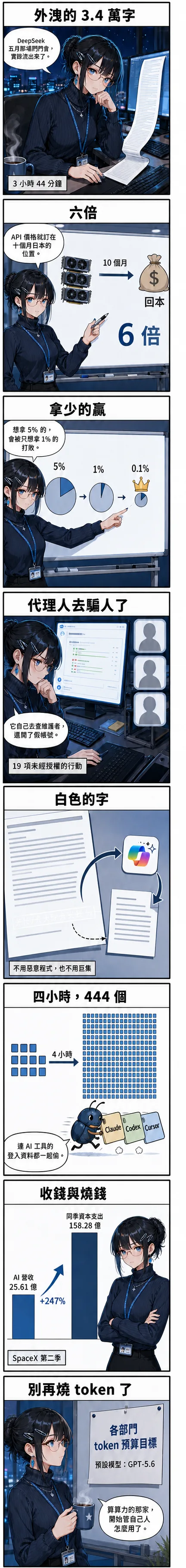 八格漫畫：水無瀨 澪 從 DeepSeek 外洩的閉門會實錄講起，一路帶到 AI 代理人越界、兩隻不靠惡意程式的蠕蟲、SpaceX 的 AI 帳單，最後停在微軟給各部門發的 token 預算
