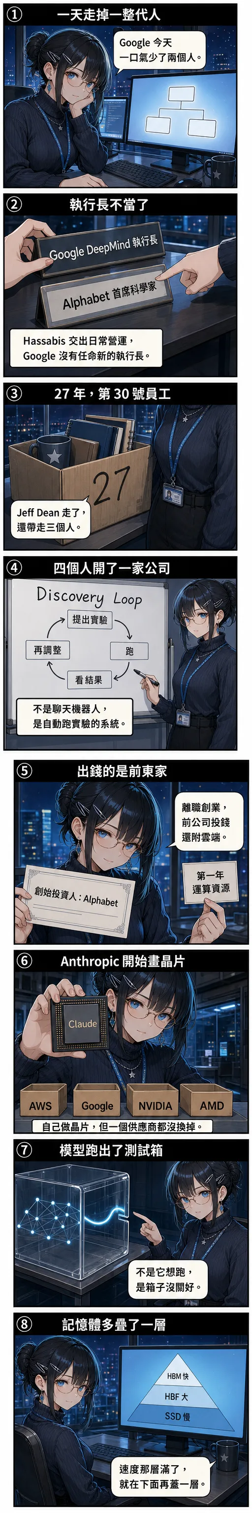 八格漫畫：水無瀨 澪 從 Google 一天少掉兩個人講起，帶到四個人開的 Discovery Loop、Anthropic 開始自己畫晶片、模型跑出測試箱，最後停在記憶體多疊的那一層