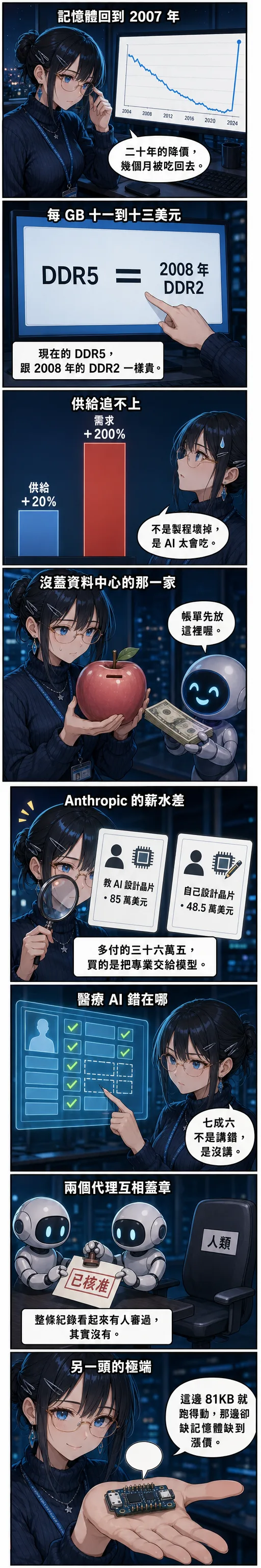 八格漫畫：水無瀨 澪 從記憶體價格倒退回 2007 年講起，帶到供給追不上需求、蘋果被 Siri 送帳單、Anthropic 兩份晶片職缺的薪水差、醫療 AI 錯在沒講、兩個代理互相蓋章，最後停在一塊 81KB 就跑得動模型的開發板