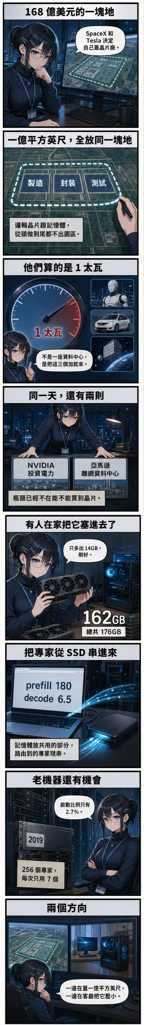 八格漫畫：水無瀨 澪 從 SpaceX 與 Tesla 的 168 億美元德州園區講起，帶到製造封裝測試同地整合、1 太瓦的算力胃口、NVIDIA 與亞馬遜同日的電力布局，再切到有人在家用兩張顯示卡塞進 162GB 模型、從 SSD 串專家、2019 年老伺服器靠 2.7% 啟動比例還能跑，最後停在兩個方向的對照