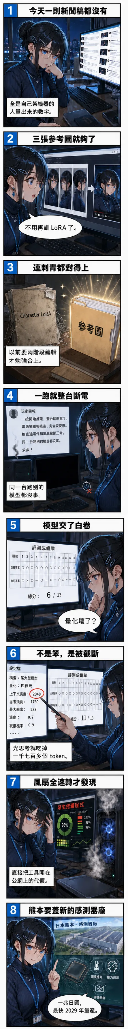 水無瀨 澪 依序看過今天的社群實測：三張參考圖取代 character LoRA、有人的顯示卡一跑就斷電、模型交白卷其實是被 max_tokens 截斷、ComfyUI 開在公網被拿去挖礦，最後是熊本的新感測器廠