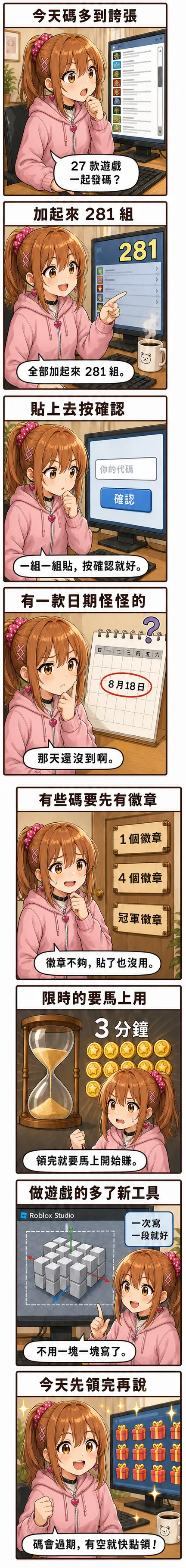 星野 夏希 一路領完今天 27 款遊戲的碼，途中遇到日期怪怪的那一款、要徽章才領得到的那一款，還有限時三分鐘的加成