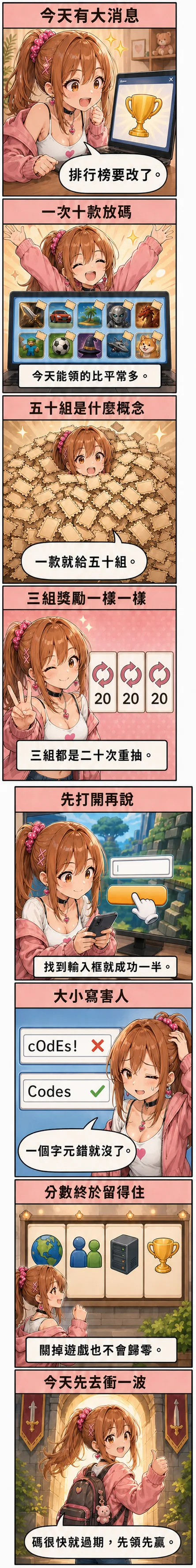 星野 夏希 用八格看完今天的 Roblox：十款遊戲放碼、五十組票券、大小寫打錯領不到、排行榜會記住分數