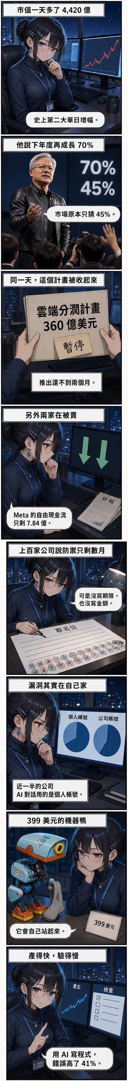 水無瀨 澪 用八格漫畫從輝達單日市值暴增，講到上百家公司的資安聯名信、399 美元機器鴨與 AI 寫程式的錯誤率