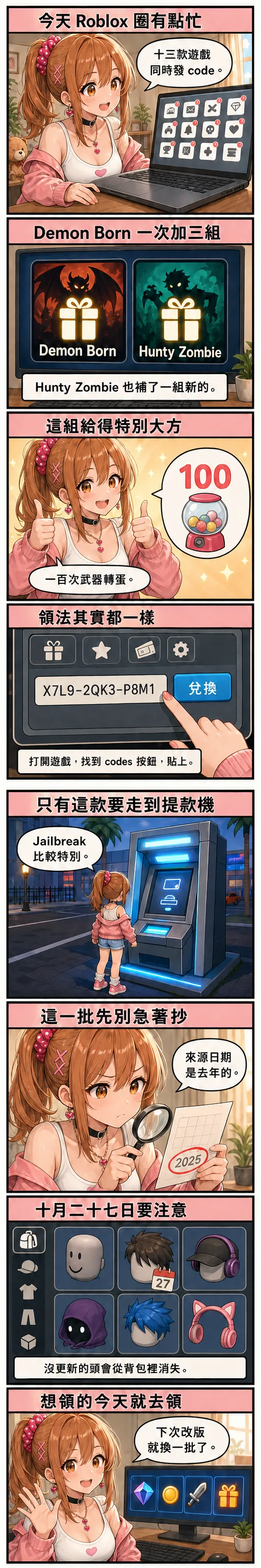 星野 夏希 用八格漫畫講今天 13 款遊戲發 code、Jailbreak 要走到提款機兌換，以及 10 月 27 日沒更新的頭會從背包消失