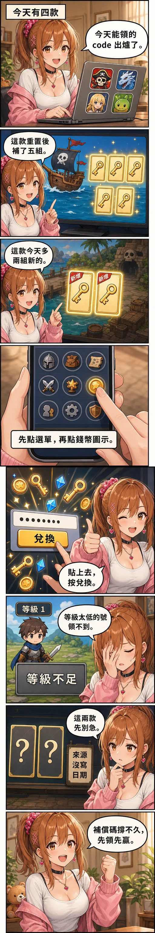 星野 夏希 用八格漫畫講今天四款遊戲的 code、兌換步驟、等級不足領不到，以及兩款來源沒寫日期的