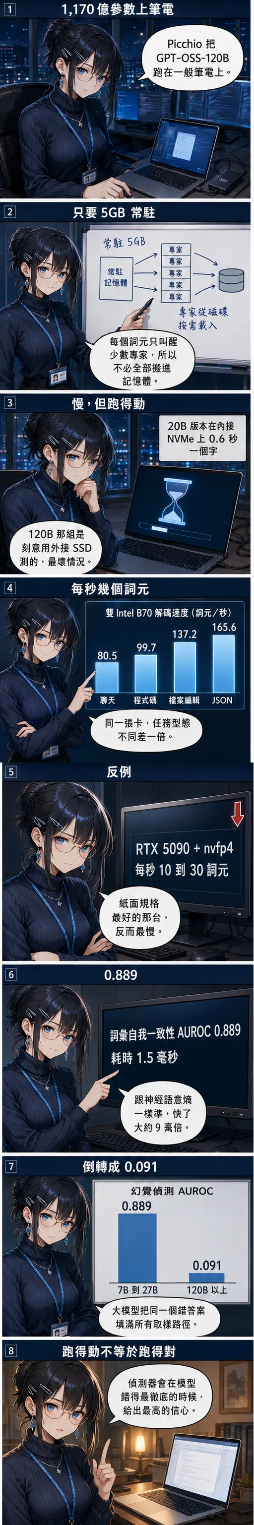 水無瀨澪用八格說明 Picchio 怎麼把 1,170 億參數跑進筆電，以及幻覺偵測在大模型上為什麼會失效